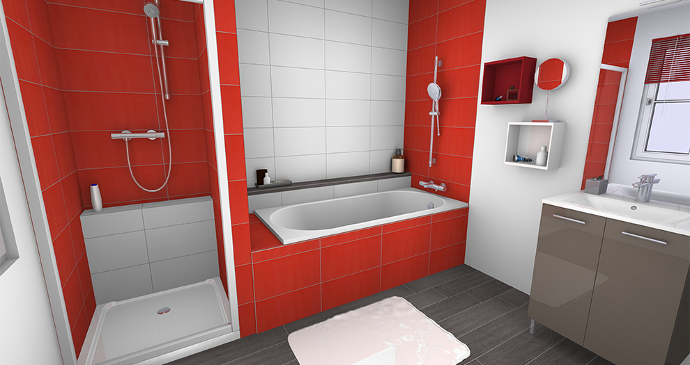 salle de bain rouge colonne de douche